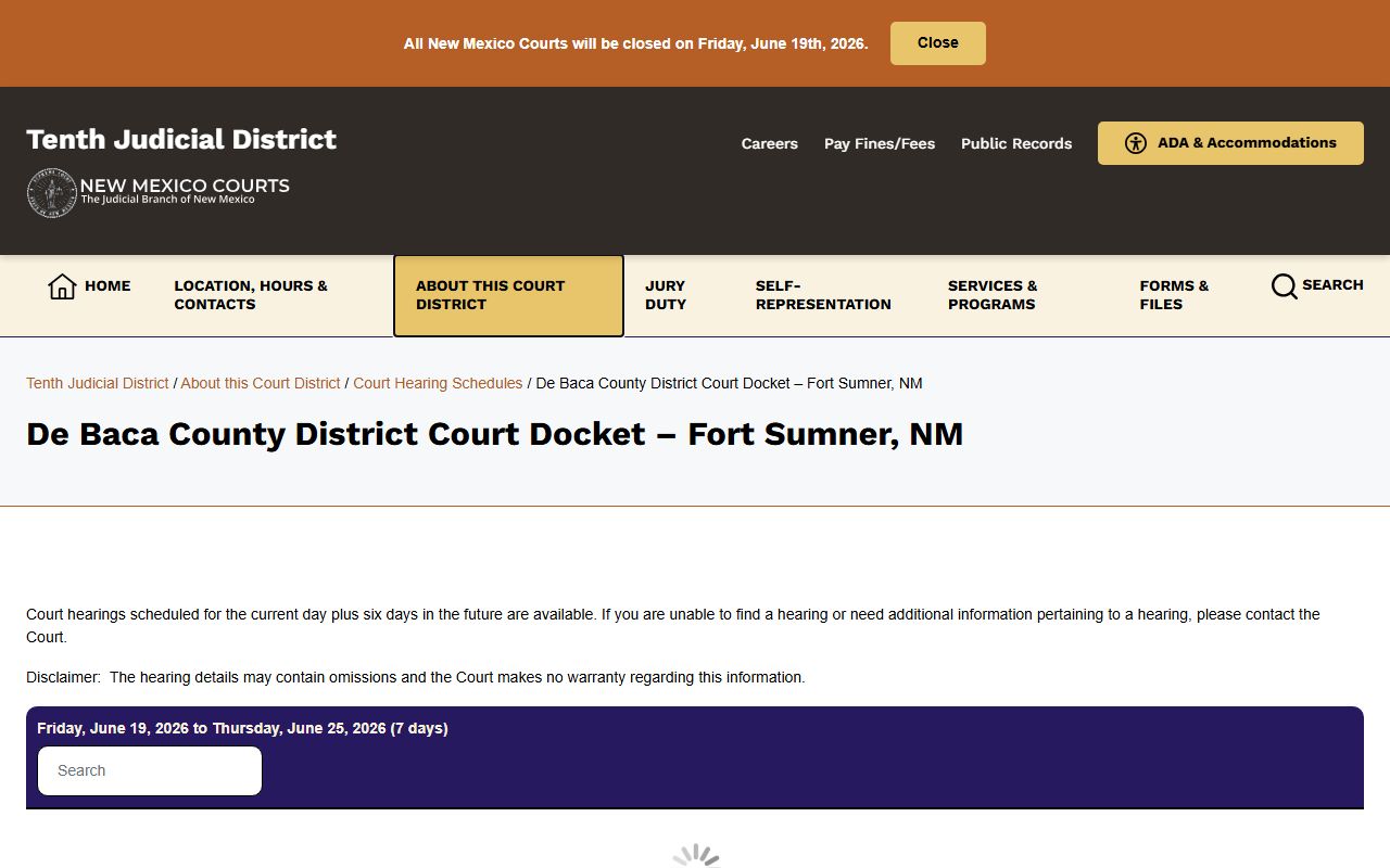 De Baca County court dockets District Court hearing schedule