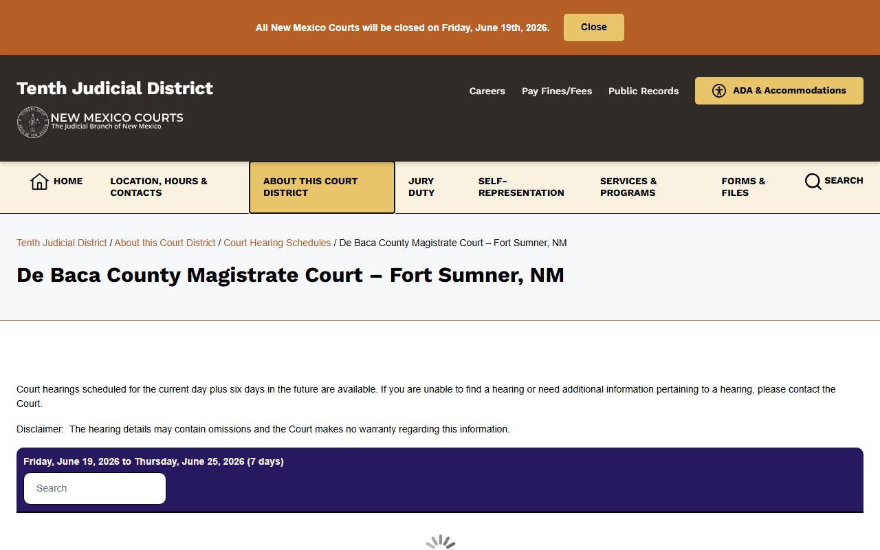 De Baca County court dockets Magistrate Court hearing schedule
