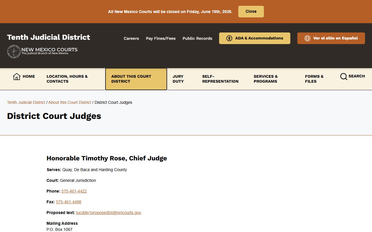 De Baca County court dockets Tenth Judicial District judges